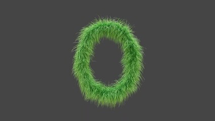 3D animation green grass letter O, isolated beautiful letter of green grass blowing in the wind, 3D rendering, RGB Alpha, UHD 4K