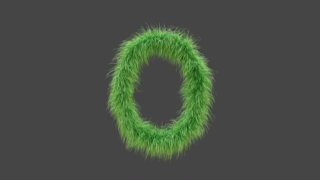 3D animation green grass letter O, isolated beautiful letter of green grass blowing in the wind, 3D rendering, RGB Alpha, UHD 4K