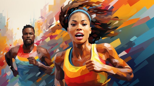 Watercolor art. Motivated young people, men and women in sportswear running along the street, taking part in public marathon. Concept of sport event, endurance and speed, marathon, action and motion