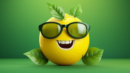 Cheerful and happy lemon with glasses. Smiling anthropomorphic fruit on green background - obrazy, fototapety, plakaty