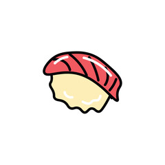 Sushi roll of food colorful set. A visually striking composition beautifully marries the elegance of sushi roll of salmon with a sea-inspired design on a white backdrop. Vector illustration.