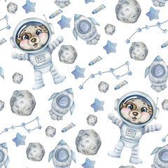 Hand-drawn watercolor space dog pattern