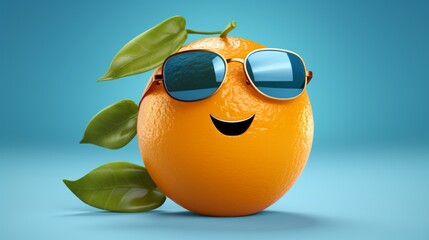Cheerful and happy orange with glasses. Smiling anthropomorphic fruit on blue background