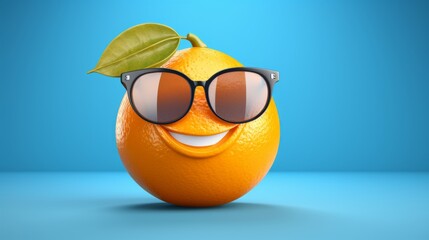 Cheerful and happy orange with glasses. Smiling anthropomorphic fruit on blue background - obrazy, fototapety, plakaty