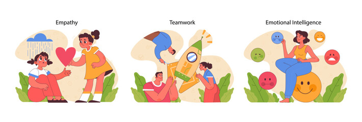 Empathy, teamwork, and emotional intelligence concept. Illustrating compassion, collaboration, and self-awareness skills. Essential for personal and professional growth. Flat vector illustration