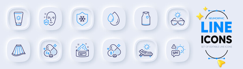 Uv protection, Sunglasses and Lounger line icons for web app. Pack of Biotin vitamin, Spf protection, Iron pictogram icons. Skin cream, Clean skin, T-shirt signs. Sunscreen, Skirt, Oil drop. Vector