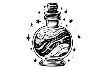 Magic bottle with potion hand drawn ink sketch. Engraved style vector illustration.