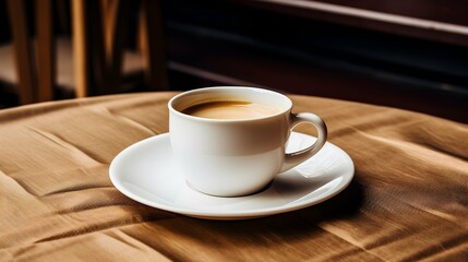 Fototapeta premium a white coffee cup sitting on top of a saucer on top of a wooden table next to a brown cloth covered table cloth. Generative AI