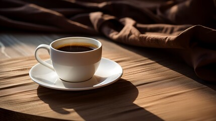 a white coffee cup sitting on top of a saucer on top of a wooden table next to a brown cloth...