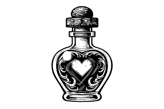 Magic bottle with love potion hand drawn ink sketch. Engraved style vector illustration.