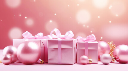 A festive background with pink Christmas balls and gift boxes on a pink background. A Bright and shiny holiday pink Christmas and New Year backdrop with copy space.