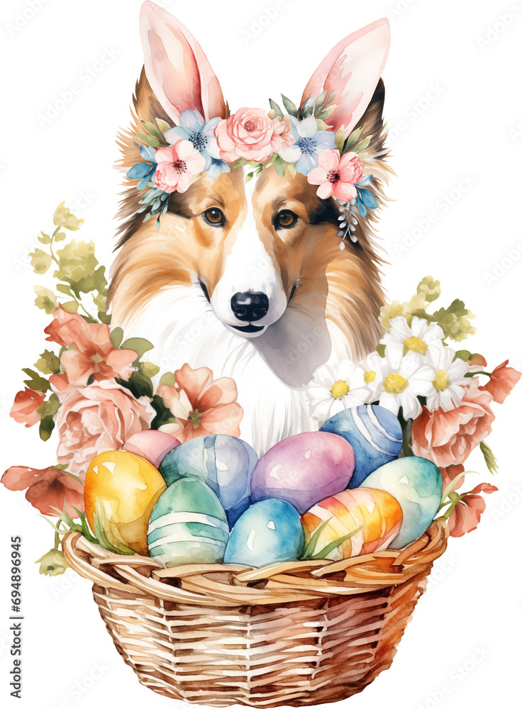 Poster easter sheltie illustration created with generative ai technology