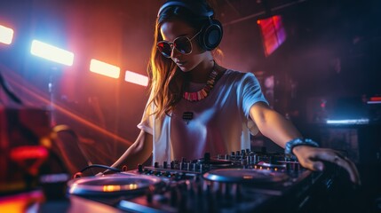 DJ playing disco music on a turntable in a nightclub Trendy girl in colorful neon lights on concert...