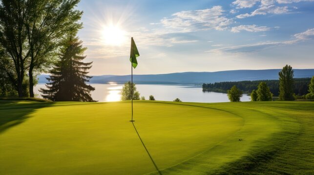 Plant a flag on a hole on the golf course overlooking the lake and the sun.