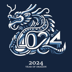 2024 typographic design, oriental blue dragon - obrazy, fototapety, plakaty