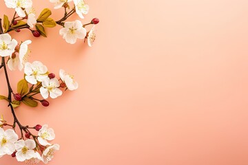 Fresh beautiful flowers of the cherry tree blooming in the spring on peach fuzz background with copy space