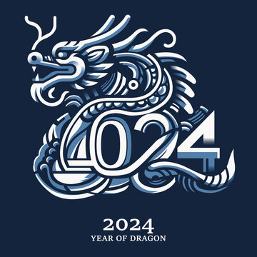 2024 typographic design, oriental blue dragon