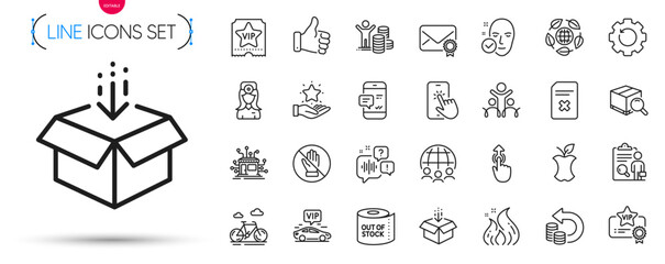 Pack of Distribution, Loyalty program and Corrupt line icons. Include Global business, Health skin, Organic waste pictogram icons. Swipe up, Get box, Search package signs. Delete file. Vector