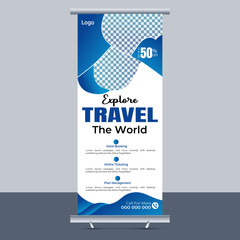 Travel vacation roll up banner design template for business or travel agency. Editable vector illustration