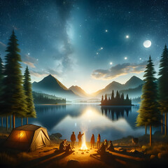 A serene camping scene under a starlit sky by a lake, with mountains in the background and a campfire illuminating a group of people.