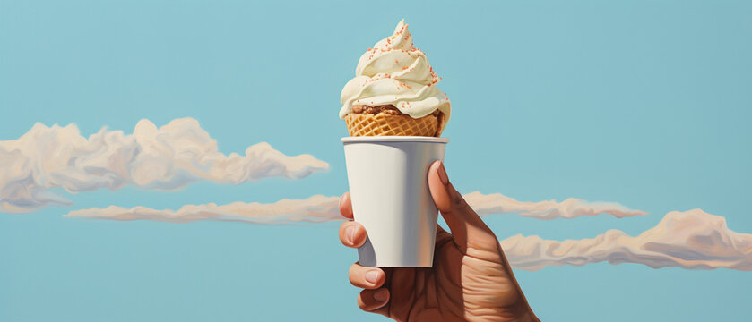 A hand holding a paper cup with a melting ice cream cone, evoking memories of childhood summers spent playing on the beach. The image could be nostalgic and sentimental