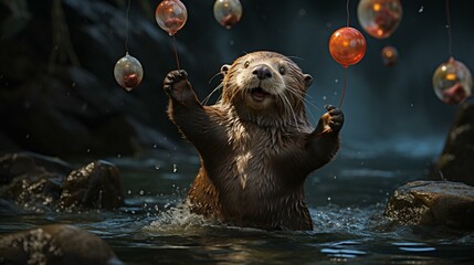 Juggling Otter Extravaganza, a playful otter showcasing its impressive juggling skills with floating fish. The dynamic and lighthearted scene captures the whimsy of these aquatic a - obrazy, fototapety, plakaty
