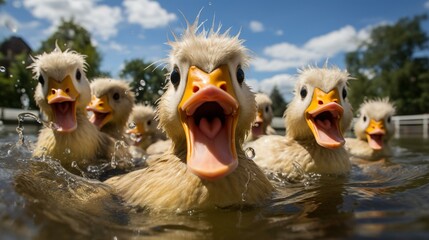 Synchronized Swimming Ducks, a group of ducks hilariously attempting synchronized swimming in a pond. Their quirkiness and earnest effort to synchronize movements create a whimsica - obrazy, fototapety, plakaty