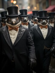 Dapper Penguin Parade, a group of penguins dressed in comically formal attire, waddling in a procession as if attending a black-tie event in the icy Antarctic. The juxtaposition of