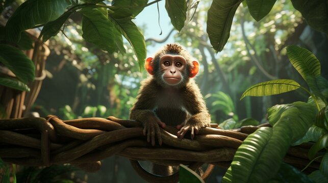 Jungle Canopy 3D Monkey, a playful 3D monkey swinging from tree to tree in a lush jungle rendered with realistic foliage. The immersive depth brings the tropical setting to life, m