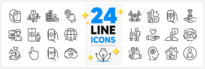 Icons set of Hold heart, Face biometrics and Work home line icons pack for app with Approved teamwork, Phone video, Time hourglass thin outline icon. Parking app, Cursor, Inventory pictogram. Vector