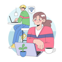 Co-living. Friends or roommates living together. Characters hang out in dormitory or student apartment. Joint living and recreation in friends company. Flat vector illustration.