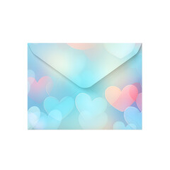 Blue closed envelope with a picture of hearts isolated on a transparent background, mockup. Top view, flat lay. Valentine's Day.