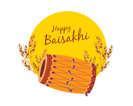 Happy Baisakhi background for Punjabi Sikh festival with Dhol and wheat flyer poster banner 