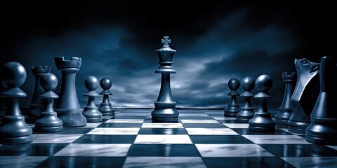 Strategic chess game. Captivating image showcases chessboard with various pieces arranged for game. Contrasting black and white pieces symbolize strategic thinking competition and intelligence - obrazy, fototapety, plakaty