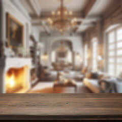 Desk of free space and home interior with fireplace . Empty space for your decoration. 