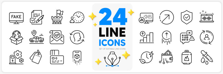 Fototapeta na wymiar Icons set of Direction, Report statistics and Charging station line icons pack for app with Card, User info, Face id thin outline icon. Charging time, Security shield. Design with 3d stars. Vector