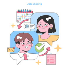 Two colleagues collaborate in job sharing, dividing tasks and managing time efficiently. Teamwork approach to flexible working. Flat vector illustration