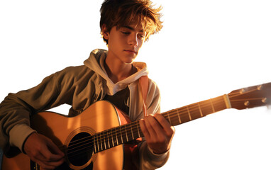 Teenager Boy Playing a Guitar with Musical Charisma Inside a Bus Isolated on Transparent Background PNG.