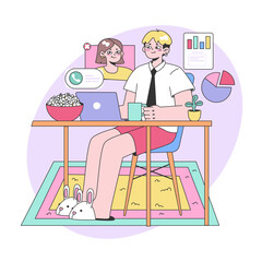 Virtual collaboration concept. Man video calls a colleague while analyzing data, sipping tea, with playful bunnies under the table. Comfort meets professionalism. Flat vector illustration
