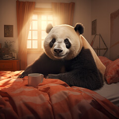Panda fofo em um quarto de dormir com uma janela no fundo sobre a luz do sol - Papel de parede - obrazy, fototapety, plakaty