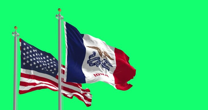 Flags of Iowa and the United States waving in the wind on green screen