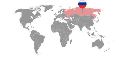 Pin map with Russia flag on world map. Vector illustration.