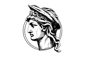 Hermes head hand drawn ink sketch. Engraved style vector illustration. - obrazy, fototapety, plakaty