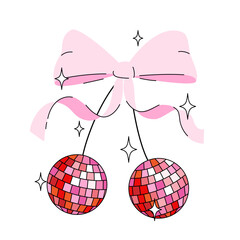 Disco mirror ball cherry with bow in cartoon style. Cute trendy design. Vector funky illustration. Ballet-core, coquette-core background.   - 694900589