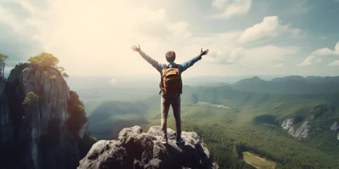 Keuken foto achterwand Bosweg Happy man with arms up jumping on the top of the mountain - Successful hiker celebrating success on the cliff - Life style concept with young male climbing in the forest pathway