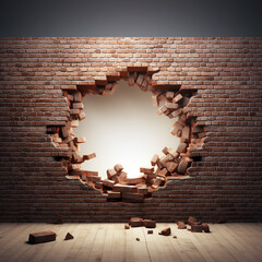 long brick wall with a damaged hole in it - obrazy, fototapety, plakaty