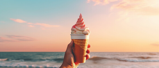 A hand holding a paper cup with a melting ice cream cone, evoking memories of childhood summers spent playing on the beach. The image could be nostalgic and sentimental - obrazy, fototapety, plakaty