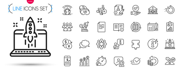 Pack of Video conference, Globe and Microscope line icons. Include Algorithm, Checkbox, Timer pictogram icons. Technical info, Calendar graph, Greenhouse signs. Add team, Job interview. Vector
