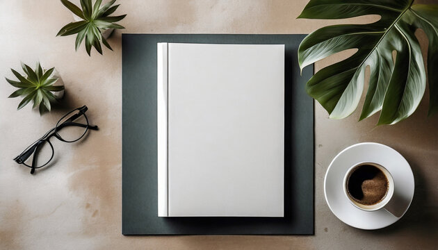 Blank book mockup on office desk table with coffee cup and plant.