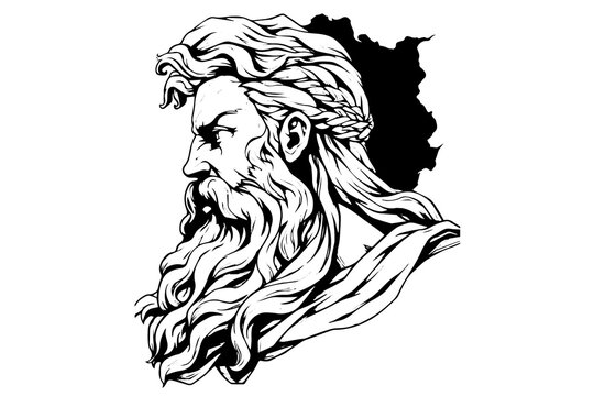 Zeus head hand drawn logo ink sketch. Engraved style vector illustration.